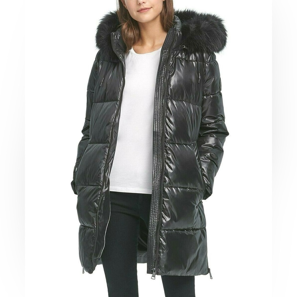 DKNY Shiny Black Puffer Jacket with Faux Fur Trim, size S